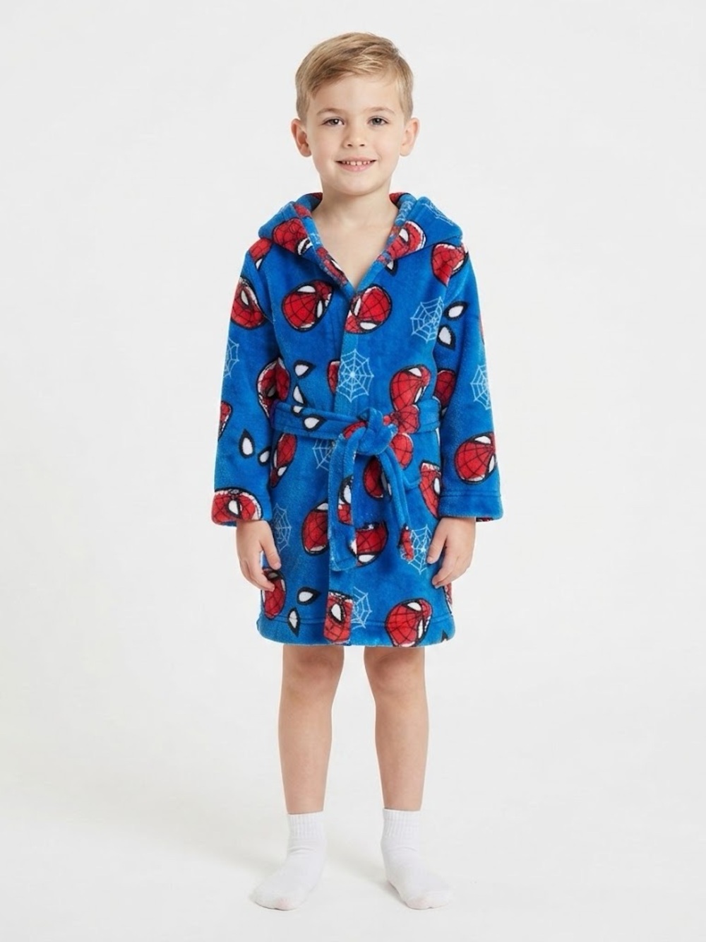 NWOT Marvel Blue Kids Hooded Fleece Robe with Red Spider Motif